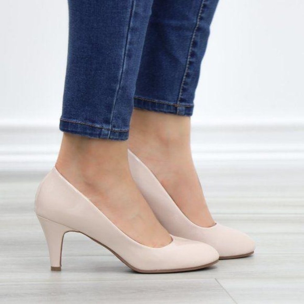 Nude Paten Round Toe Kitten Low Heels Pumps - Picture 2 of 11